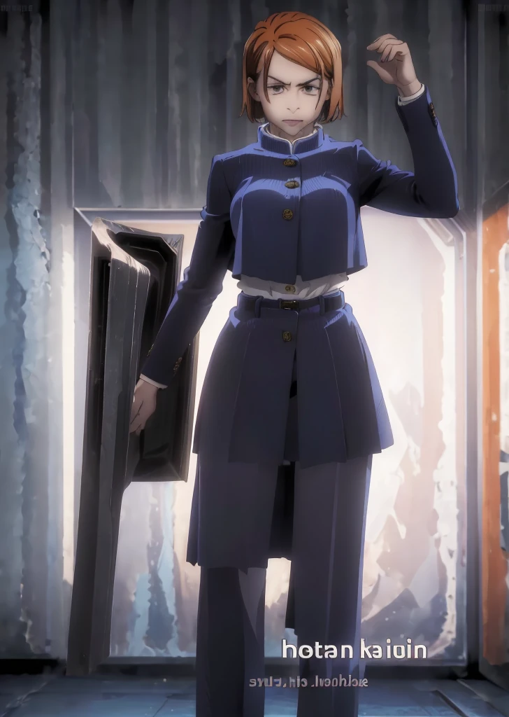 ((Top quality, 8 kilos, Tafah: 1.3, Ultra HD, High quality, Best quality, very accurate, realism)), Intense focus: 1.5, Model Nobara Kugisaki has a muscular body, Orange Eyes, A mole under the outer rim of the eye, Short orange hair, Small breasts, stomach muscles, Biceps, Open shirt buttons show cleavage, Open short skirt, Abs are visible, A sexy and seductive position on the bed, Thighs wide open