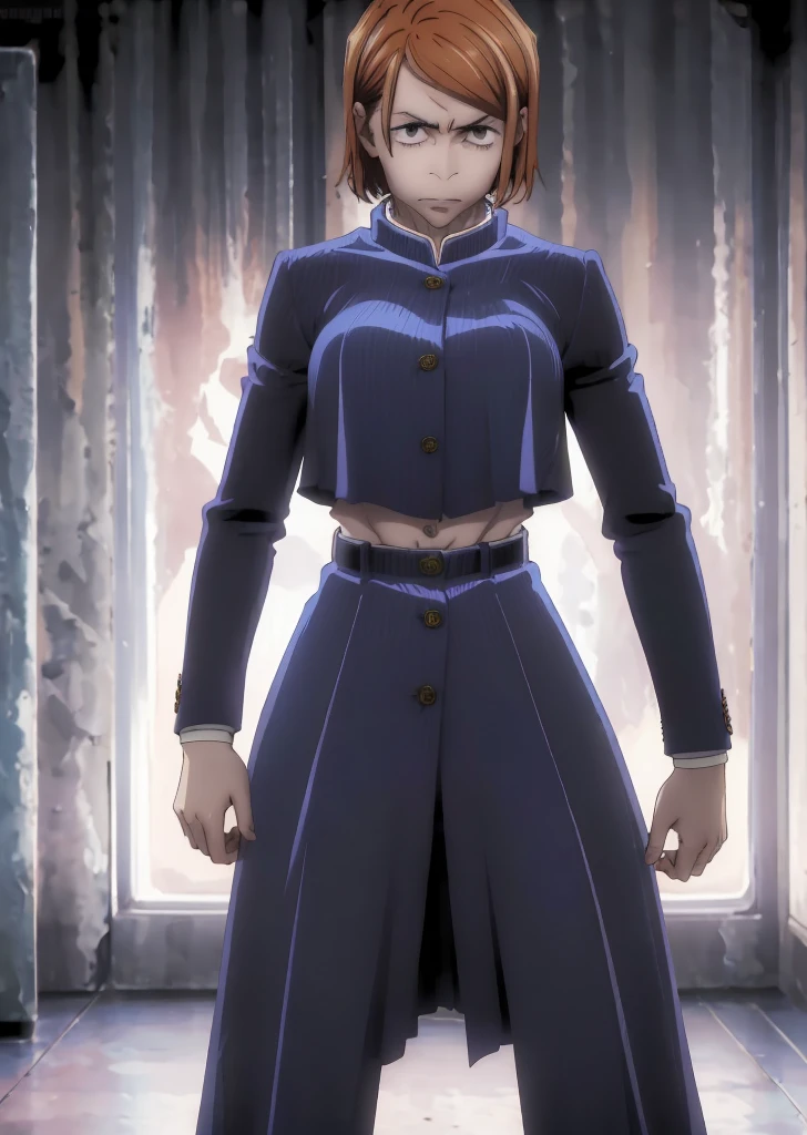 ((Top quality, 8 kilos, Tafah: 1.3, Ultra HD, High quality, Best quality, very accurate, realism)), Intense focus: 1.5, Model Nobara Kugisaki has a muscular body, Orange Eyes, A mole under the outer rim of the eye, Short orange hair, Small breasts, stomach muscles, Biceps, Open shirt buttons show cleavage, Open short skirt, Abs are visible, A sexy and seductive position on the bed, Thighs wide open