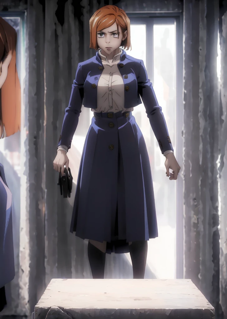 ((Top quality, 8 kilos, Tafah: 1.3, Ultra HD, High quality, Best quality, very accurate, realism)), Intense focus: 1.5, Model Nobara Kugisaki has a muscular body, Orange Eyes, A mole under the outer rim of the eye, Short orange hair, Small breasts, stomach muscles, Biceps, Open shirt buttons show cleavage, Open short skirt, Abs are visible, A sexy and seductive position on the bed, Thighs wide open