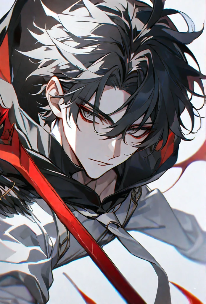 solo, handsome, 1 male, short hair, black hair and white color hair, pale eyes, white shirt, white tie, black hood, black wings, red halo, red scythe