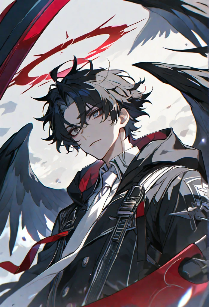 solo, handsome, 1 male, short hair, black hair and white color hair, pale eyes, white shirt, white tie, black hood, black wings, red halo, red scythe