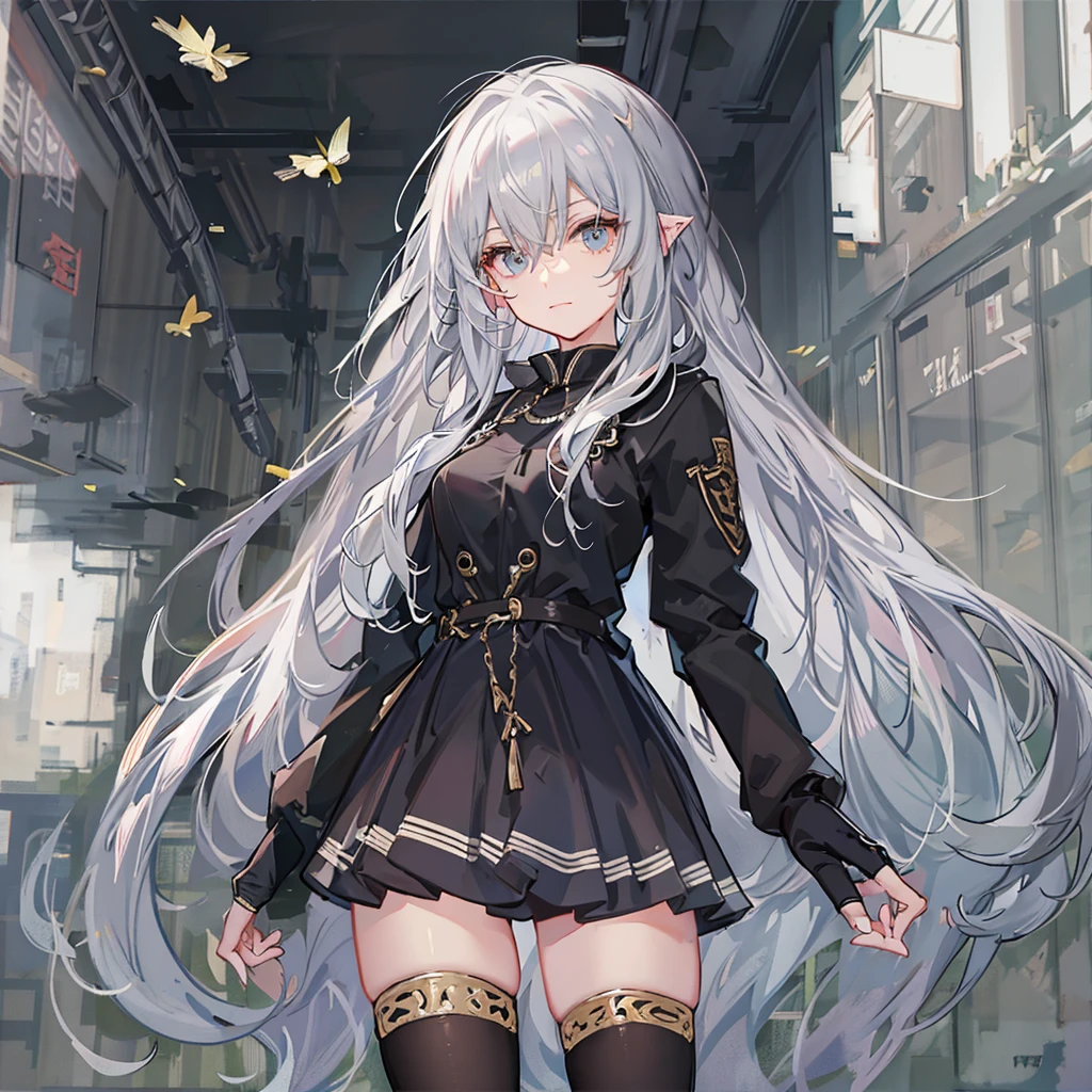 girl, grey hair, long hair,messy hair,black hooded jacket, white long sleeve dress shirt,pleated skirt,slender body,gold eyes,small breast
