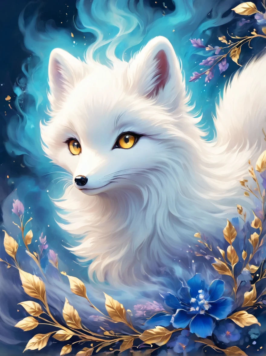 （best quality，masterpiece：1.2，detailed details），（1 cute arctic fox, gold eyes， fluffy hair），（blue victorian style）, dark, engulfed in smoke
