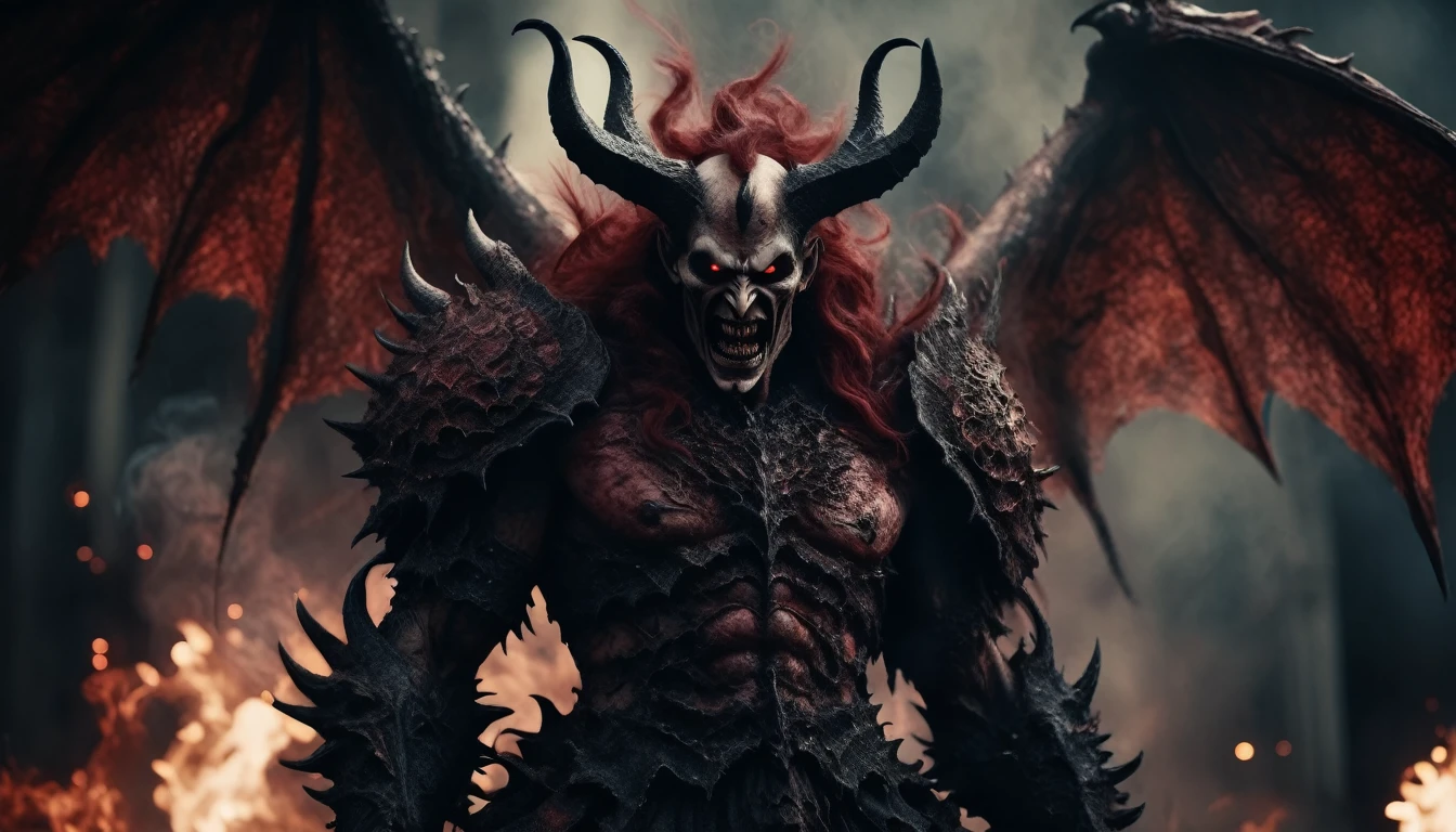 Horror-themed cinematic film still,a horrifying red-skinned male demon king, (full body portrait:1.3), (detailed monstrous evil face:1.4), screaming, wide spread bat like wings, (detailed scaly skin texture:1.2), long curved horns, (in hell, swirling tormented souls, billowing smoke:1.5), black spiky armor,, shallow depth of field, vignette, highly detailed, high budget, bokeh, cinemascope, moody, epic, gorgeous, film grain, grainy . Eerie, unsettling, dark, spooky, suspenseful, grim, highly detailed