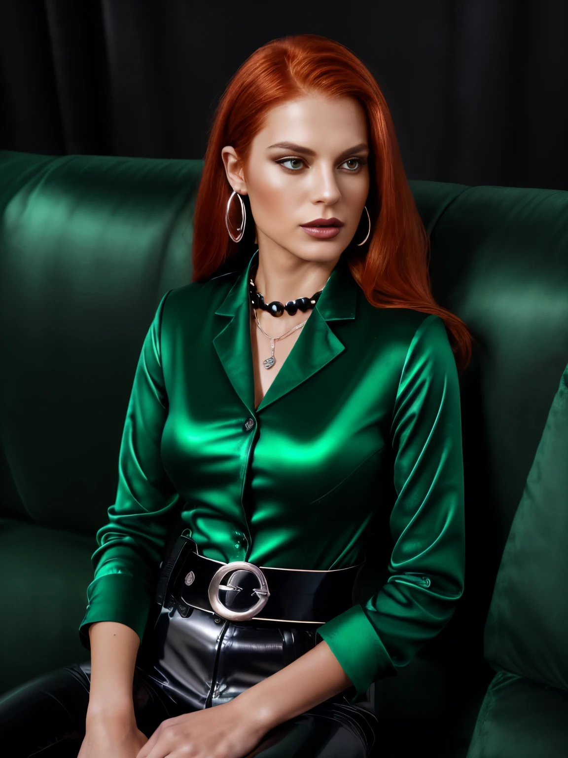 (1girl:1.34), (face and upper body view: with face and hair fully visible:2.3), (solo), (realistic photography), (redhead elegant dominant woman sitting on a couch wearing formal dark green shiny glossy satin blazer over black satin collared shirt buttoned all the way up :2.3), (one large black pvc belt with silver buckle worn over the blazer:2.2), (her left hand caresses her belt:2.1)(long sleeved shiny dark green satin blazer worn over shiny black satin collared shirt buttoned all the way up:1.55), (shiny black satin collared shirt buttoned all the way up worn under shiny dark green satn blazer:1.54), (long tight shiny dark green satin trousers:1.53), (straight long red hair:1.43), (asymetric hairstyle:1.42), (brown eyes:1.41), (latina type eyes:1.33), (slim body, medium breasts:1.32), (looking at the camera with intense dominant eyes:1.31), heavy sophisticted make-up, deep dark eye shadow, thick lips, (dark shiny glossy lipstick:1.25), (long white pearls necklace:1.24), hourglass figure, seductive face, large round hoop silver earrings, silver bracelets, soft volumetric lights, intricate details, (ArtStation:1.2)