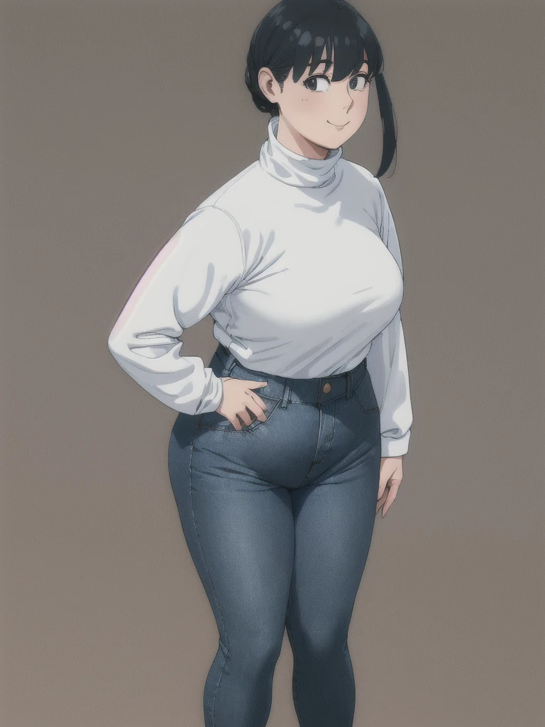 ((height 150cm)), Bow legs, Beautiful face but chubby face, Chubby Yor briar, Hands on hips, Stand up straight, ((Full body)), (low head 1.5), A little chubby body type and small breasts, masterpiece, tight denim pants, ((small breasts)), thick legs++, Full body+, Solo, Swollen face, 1 woman, (white long sleeve tutleneck 1.5,) (tight turtle neck 1.5), white turtle neck, navy blue Denim pants, thick thighs, low rise navy blue denim pants, solo, simple background, masterpiece, best quality, black hair, A chubby figure that seems real, smile, High saturation