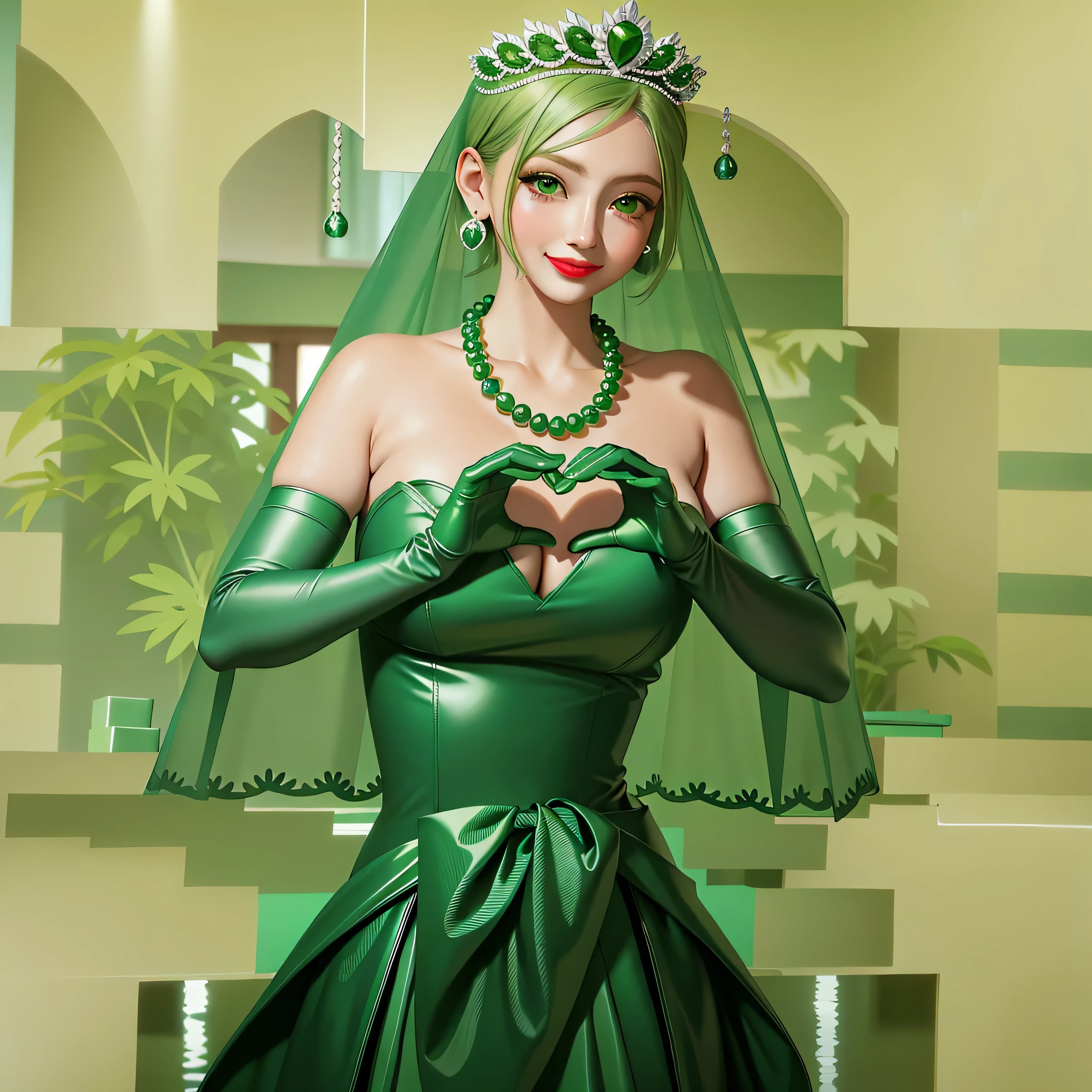 emerald tiara, Green Pearl Necklace, Boyish very short green hair, Green Lips, Smiling Japanese woman, Very short hair, Busty beautiful lady, Green Eyes, Green satin long gloves, Green Eyes, Emerald Earrings, Green veil, Heart with both hands, Green Hair, Beautiful Japanese Woman, Heart shaped hands:1.3, green lip gloss