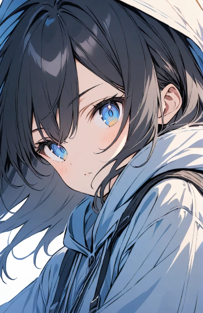 Black hair, blue eyes, long, hooded, cool