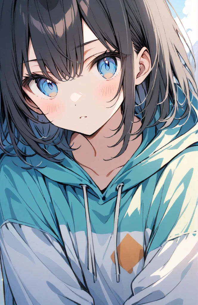 Black hair, blue eyes, long, hooded, cool