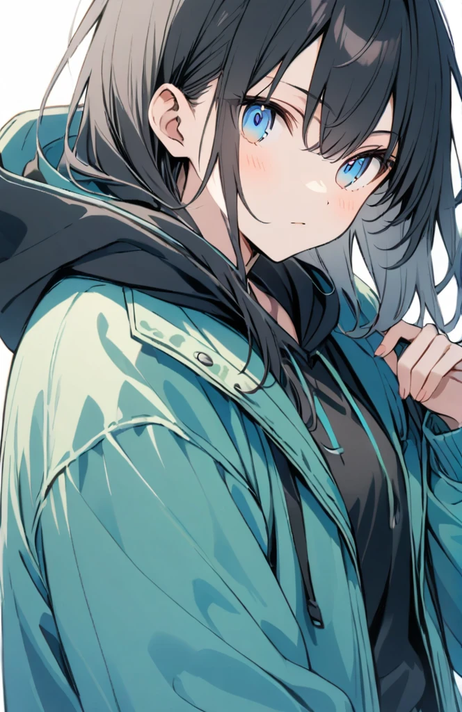 Black hair, blue eyes, long, hooded, cool