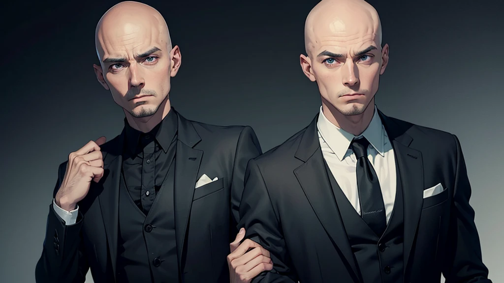 man in black suit, baldie,without hair and without beard or mustache looking like a bad psychopath