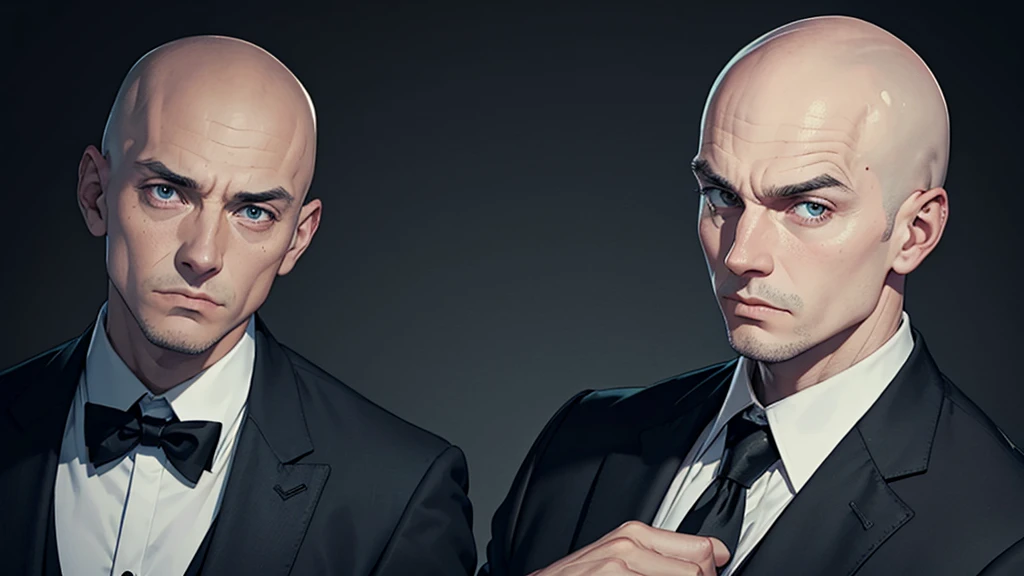 man in black suit, baldie,without hair and without beard or mustache looking like a bad psychopath
