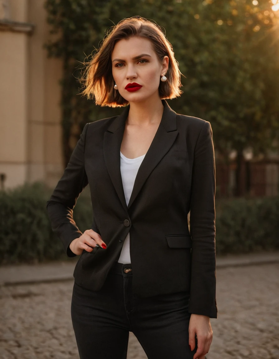 color digital photograph of Lucie Prochazka a woman from czech republic wearing (a black blazer), (a white t-shirt), (black skinny jeans), (black ankle boots), (pearl earrings), (red lipstick), and Slingbacks shoes shot on Nikon Z9 by Denis Karasev, 26 years old, tiny figure, promoting body positivity, small breasts, feeling (feeling Hate, Intense, Hostile, Aversion, Anger, Resentment, Disgust, Animosity, Hostility, Loathing, Malice, face: Scowl, Frown, Glare, Narrowed Eyes, Sneer, Lip Curl, Tense Jaw, Raised Eyebrows, Cold Stare, Contempt), at golden hour,full body, masterpiece, natural lighting, (outdoor setting:1.2), warm tones, side lighting, natural skin details, 4k, UHD, masterpiece, detailed eyes, detailed face, detailed skin, perfect hands, perfect feets, photo, high skin detail, moles, imperfect skin, ultra realism, RAW photo, subsurface scattering