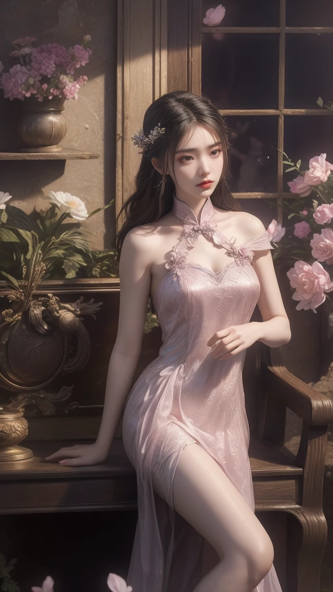 A beautiful woman with perfect curves wearing a long dress that gently flutters in the air,The beautiful woman was lie down in a sea of beautiful flowers surrounding her, Chinese traditional, her flexible body increasing with every movement, So enchanting, the dim candlelight, the glowing butterflies fighting the darkness of the night, the light of the moon, The night wind blowing the curtains, the pink flower petals , flower petals flying around the room, Chinese dancing, This woman is so beautiful that she attracts everyone who watches her, ancient China, imperial empress