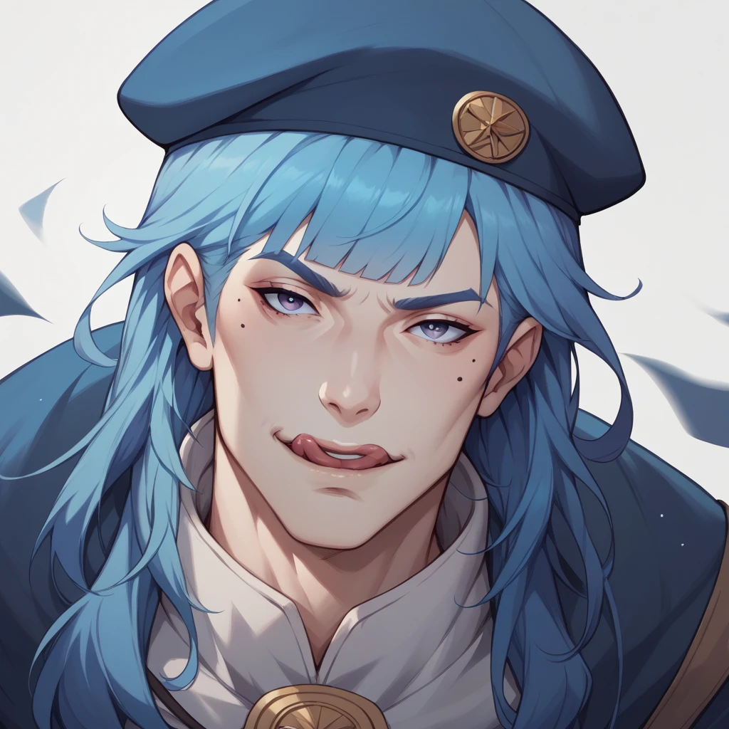 score_9, score_8_up, score_7_up, solo, male focus, blue hair, bangs, beret, mole under eye, licking lips, male, man, Op art, UHD, masterpiece