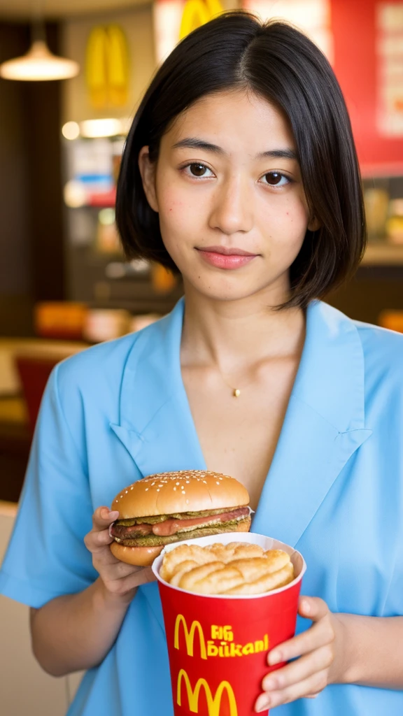 girl Japanese Light blue yukata Realistic Skin eating McDonald's Big Mac