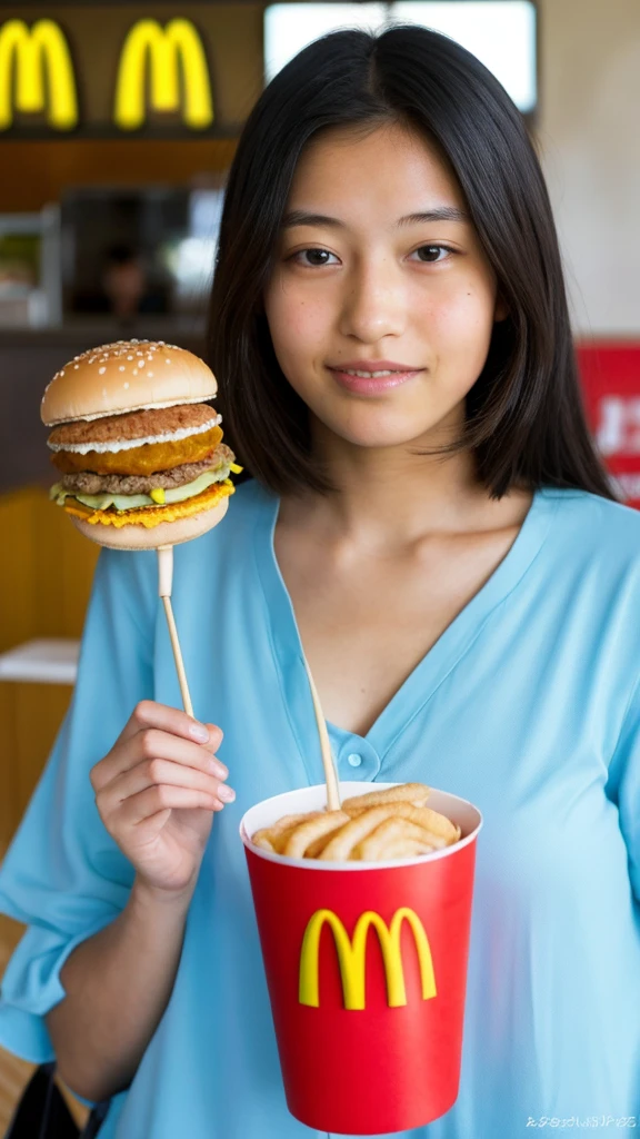 11 year old girl　Japanese　Light blue yukata　Realistic Skin　eating McDonald's Big Mac