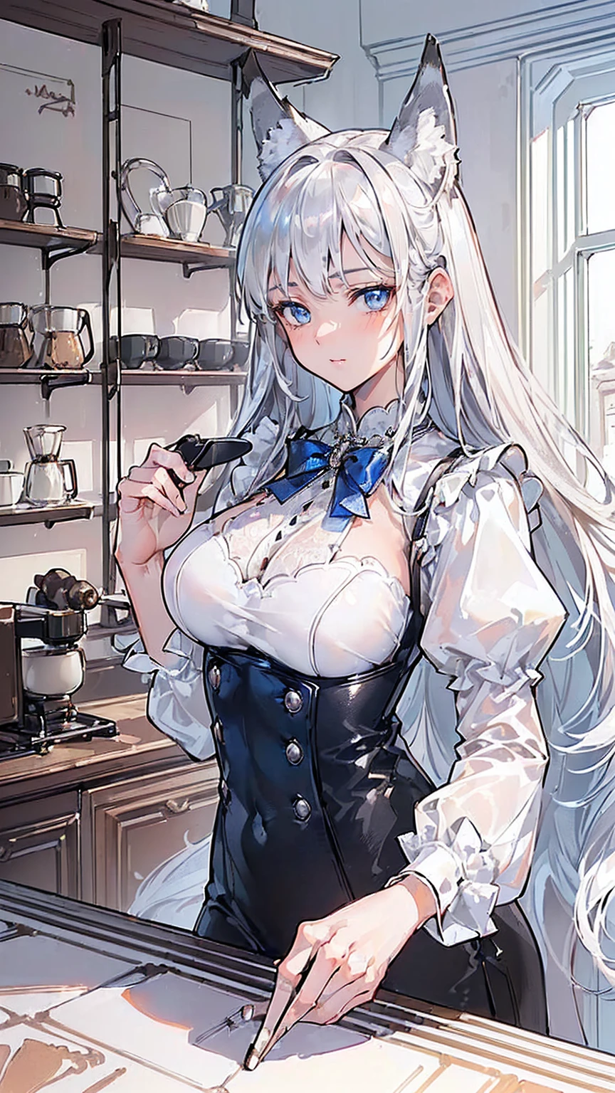 (((Masterpiece))), (((Highest quality))), ((Ultra-detailed)), ((Super fine illustration)), ((Ultra-fine painting)), (16K highest quality wallpaper:1.4), (Upper body:1.6), HDR, (Highly detailed and delicate illustration style:1.8), Detailed skin texture, Detailed cloth texture, Extreme detailed description, (T-masterpiece), (Highly detailed face:1.4), (Highly detailed silver fox ears:1.2), (Highly detailed silver hair:1.2), (Highly detailed blue eyes:1.2), Original, RAW photo, Professional, Intricate details, Super details, (Perfect anatomy:1.4), (Highly detailed hands:1.2), (Highly detailed fingers:1.2), (Highly detailed fingertips:1.2), (27-years-old), (Solo:1.6), ((A beautiful and attractive silver (fox) female model:1.4)) BRAKE (Beautiful and adorable silver fox ears:1.6), (Highly detailed and delicate silver fox ears:1.2), (Beautiful and well-shaped big breasts:1.2), (Beautiful and well-shaped buttocks), (Beautiful and shiny silver hair:1.6), (Highly detailed and delicate silver hair:1.2), (Beautiful and clear blue eyes:1.6), (Highly detailed and delicate blue eyes:1.2), (Highly detailed face:1.4), (Smile:1.3), (Blush:1.2), (Looking at viewer:1.4) BRAKE (She is wearing a (black and white) short-sleeved high-end waitress uniform:1.4) BRAKE ((A high-end coffee shop in the background:1.4), (The shelves are lined with boxes of high-quality coffee beans:1.4), (Coffee-mill:1.4), (Drip coffee maker:1.4), (Counter:1.4)) BRAKE