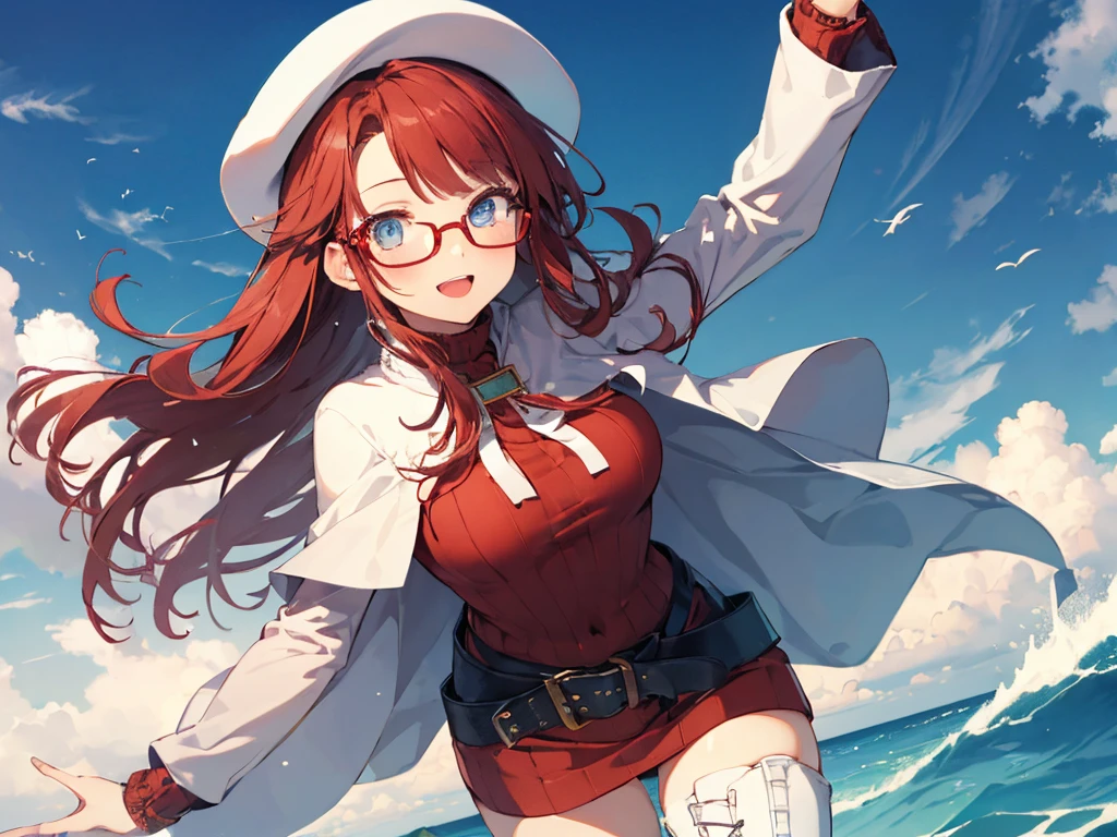 summonnightaty, aty, (young:1.3),long hair, blue eyes, red hair, big_tits, hat, glasses,
BREAK long hair, thighhighs, hat, dress, naked_legs, glasses, belt, cape, sweater, zettai ryouiki, beret, thigh boots, white footwear, ribbed sweater, loose belt,solo,
BREAK outdoors, fantasy,on_beach,
,Highquality_hads,perfect_fingers,
BREAK (masterpiece:1.2), best quality, high resolution, unity 8k wallpaper, (illustration:0.8), (beautiful detailed eyes:1.6), extremely detailed face, perfect lighting, extremely detailed CG, (perfect hands, perfect anatomy),covered_nipples,covered_navel ,half_eyes,long_sword,sleepy_eyes,red_sweater,apart_knees,magical_effect,spread_legs, have_a_book,teacher,rise_knee,Smile,rise_hand,look_down_viewer,spread_arms,sea_waves,looking_into,blue_sky,plump,open_mouth, dynamic_posing,solo