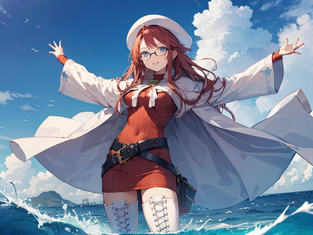 summonnightaty, aty, (young:1.3),long hair, blue eyes, red hair, big_tits, hat, glasses,
BREAK long hair, thighhighs, hat, dress, naked_legs, glasses, belt, cape, sweater, zettai ryouiki, beret, thigh boots, white footwear, ribbed sweater, loose belt,solo,
BREAK outdoors, fantasy,on_beach,
,Highquality_hads,perfect_fingers,
BREAK (masterpiece:1.2), best quality, high resolution, unity 8k wallpaper, (illustration:0.8), (beautiful detailed eyes:1.6), extremely detailed face, perfect lighting, extremely detailed CG, (perfect hands, perfect anatomy),covered_nipples,covered_navel ,half_eyes,long_sword,sleepy_eyes,red_sweater,apart_knees,magical_effect,spread_legs, have_a_book,teacher,rise_knee,Smile,rise_hand,look_down_viewer,spread_arms,sea_waves,looking_into,blue_sky,plump,open_mouth, dynamic_posing,solo