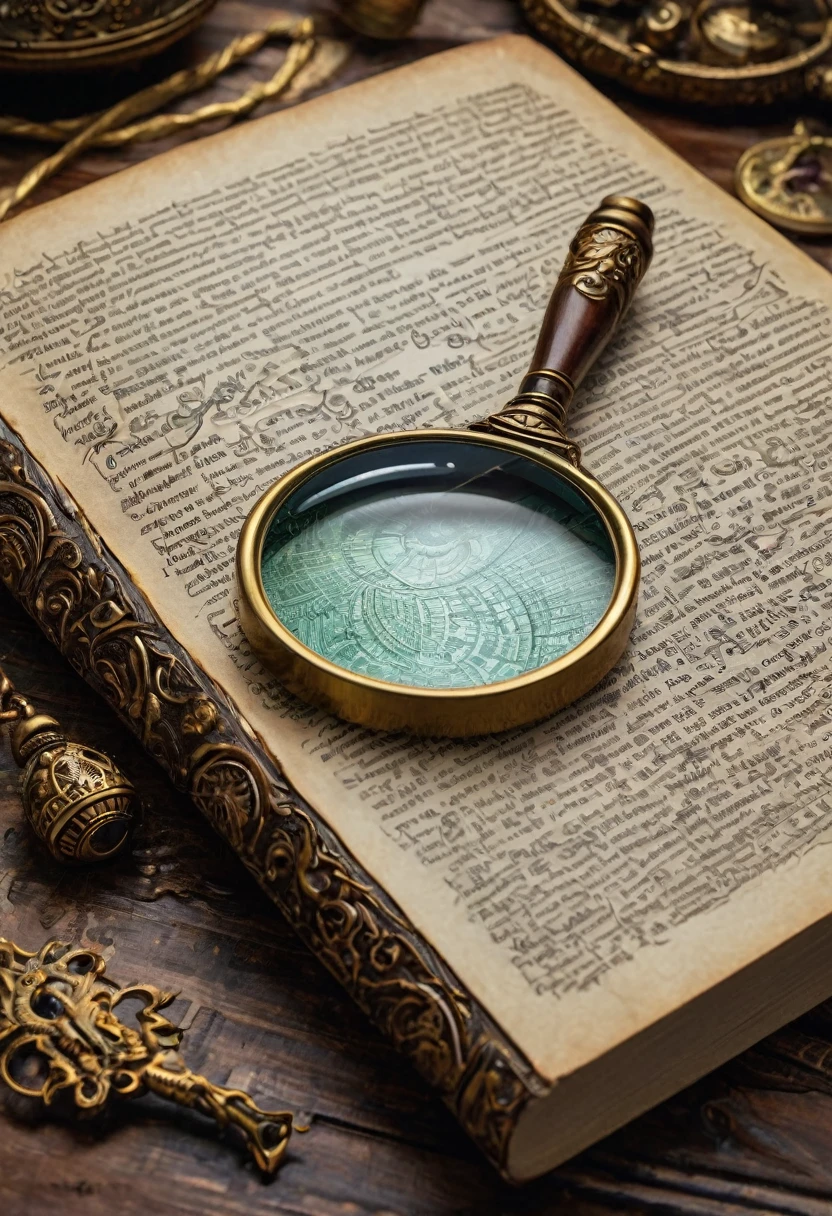 a close up of a book with a magnifying glass on top of it, mystery and detective themed, mystical and mysterious, mystery, ancient mystic time lord, beautiful and mysterious, sense of mystery, feeling of mystery, by Anna Findlay, mystical and new age symbolism, architecture mystery, tribal ancient imagery, antiquity, ancient sci - fi elements