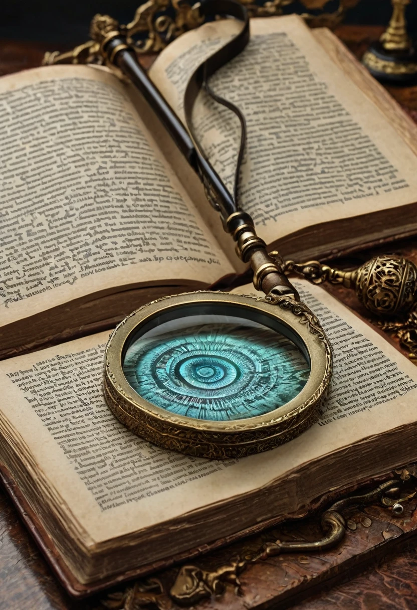 a close up of a book with a magnifying glass on top of it, mystery and detective themed, mystical and mysterious, mystery, ancient mystic time lord, beautiful and mysterious, sense of mystery, feeling of mystery, by Anna Findlay, mystical and new age symbolism, architecture mystery, tribal ancient imagery, antiquity, ancient sci - fi elements