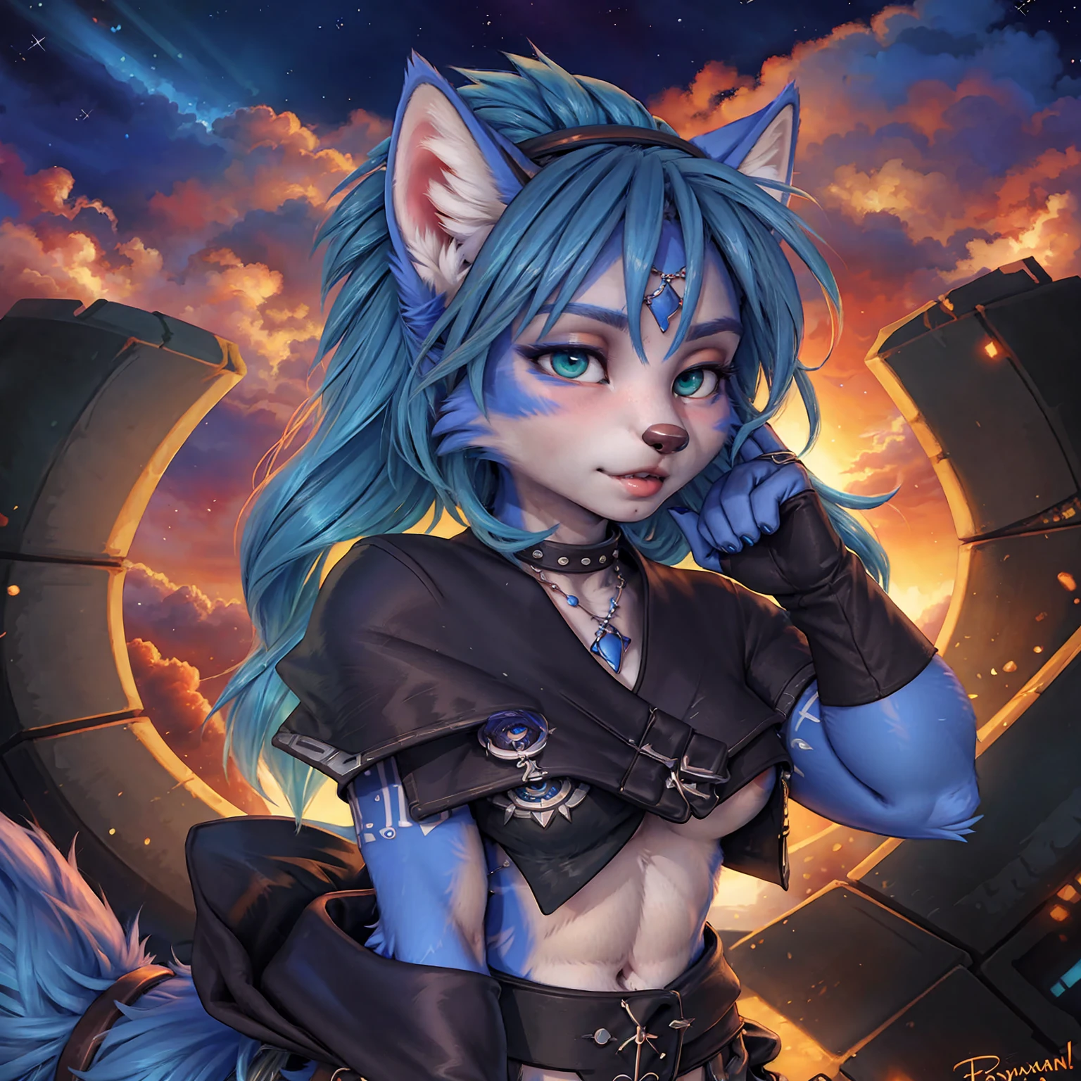 A beautiful and detailed (sweet picture) of ((Krystal)), Star Fox Krystal,  green eyes, medium breasts, (((Long blue hair 1.3))),  anthro, furry, (of Fluff-Kevlar, Bayard Wu, Personalami, Pino Daeni),  detailed fluffy fur, detailed face, (fluffy), 1 girl, alone, Haare bedecken ein Auge:1.4, großes glückliches Lächeln, giving you a thumbs hoch, 