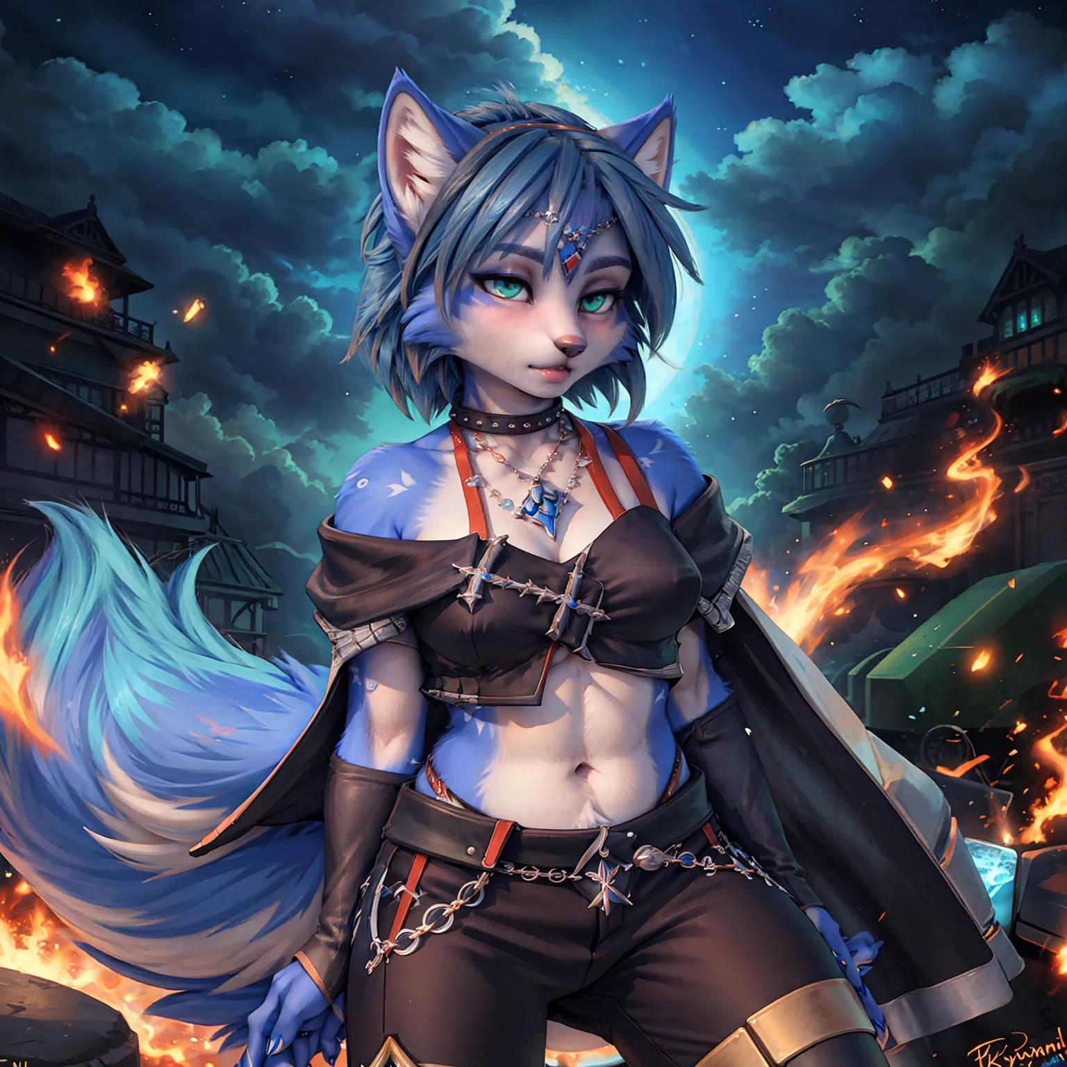 A beautiful and detailed (sweet picture) of ((Krystal)), Star Fox Krystal,  green eyes, medium breasts, (((Long blue hair 1.3))),  anthro, furry, (of Fluff-Kevlar, Bayard Wu, Personalami, Pino Daeni),  detailed fluffy fur, detailed face, (fluffy), 1 girl, alone, Haare bedecken ein Auge:1.4, großes glückliches Lächeln, giving you a thumbs hoch, 