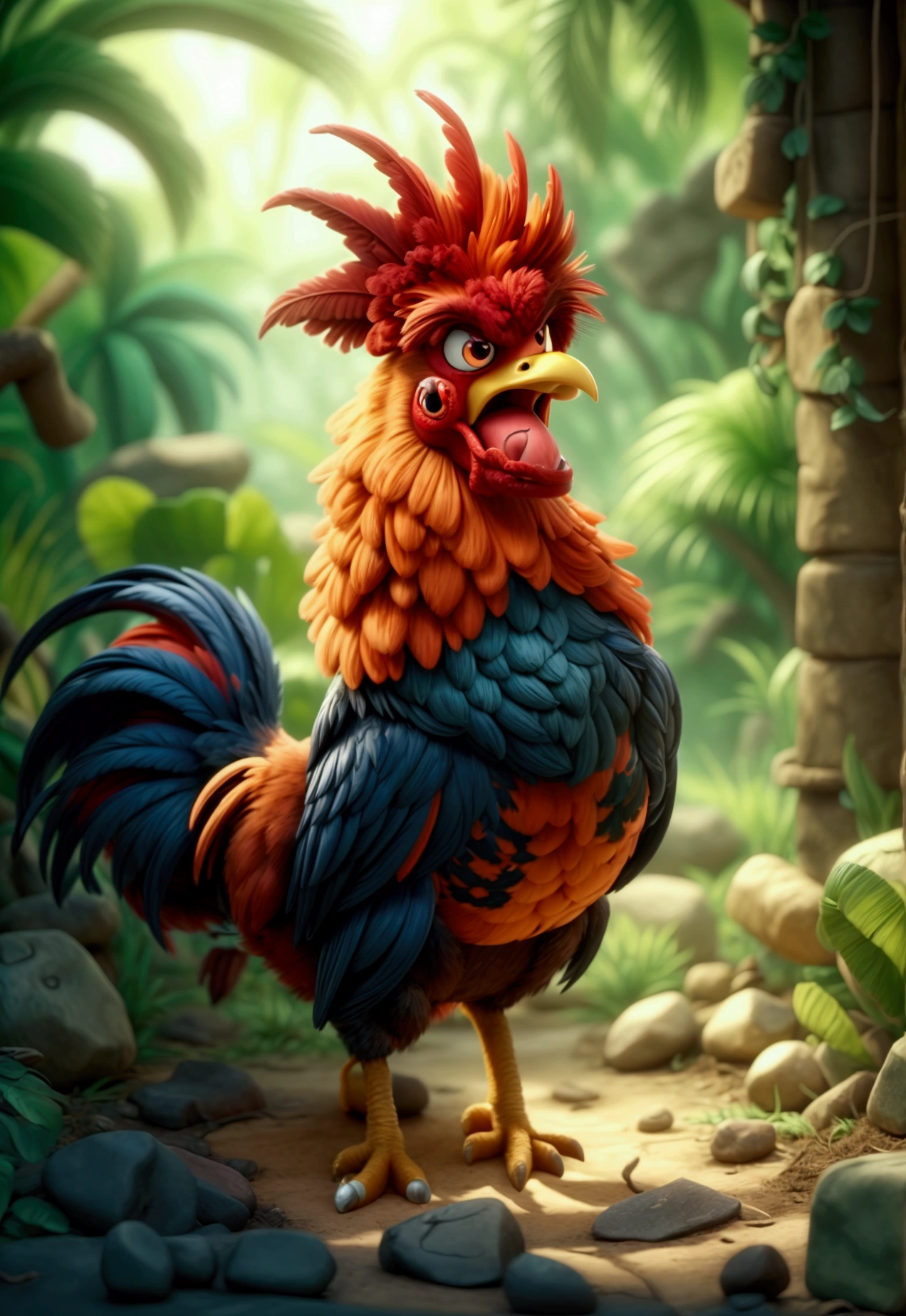 an angry and muscular rooster, walking, there is nothing and nobody in the scene except the rooster, the environment is a jungle.