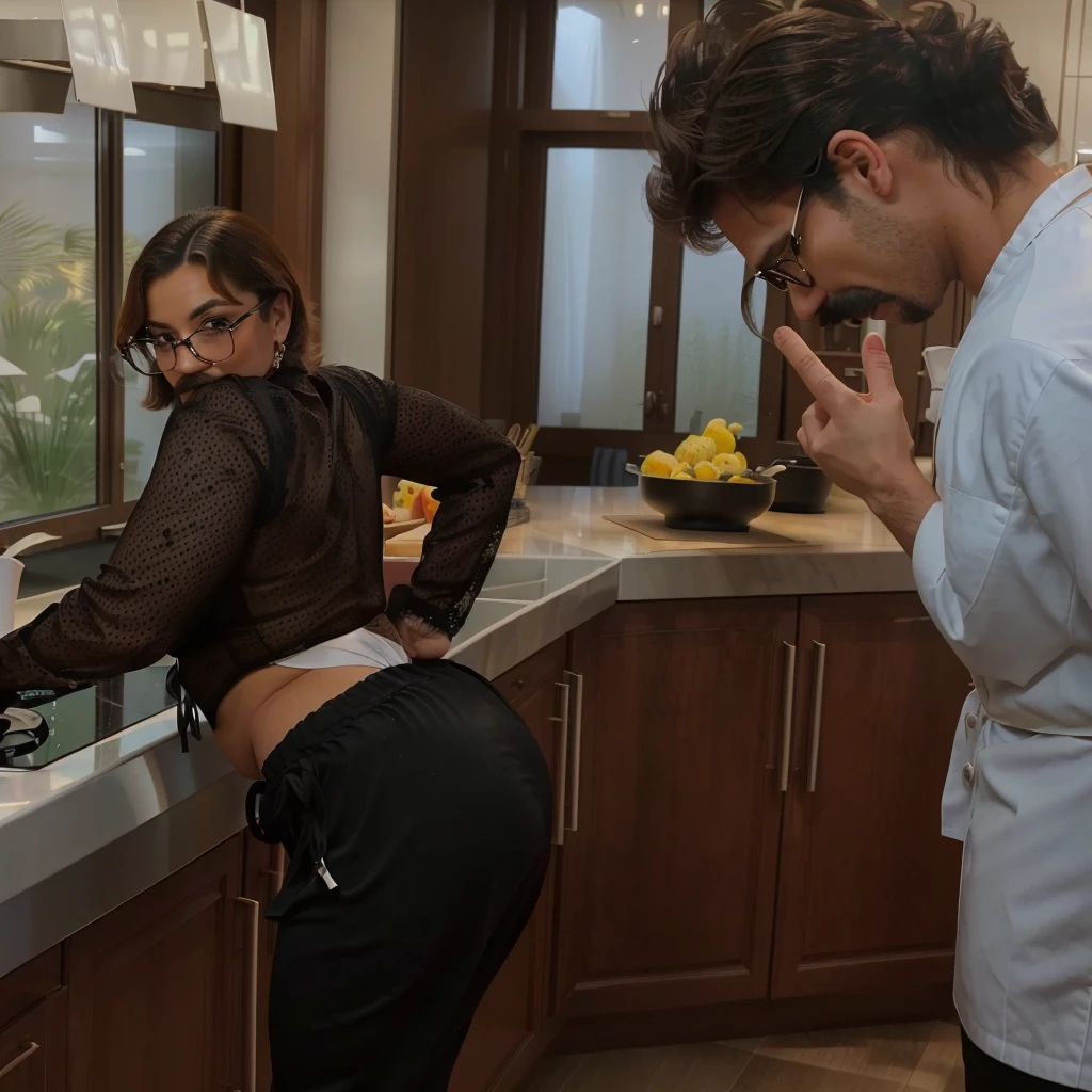 there is a man with a mustache standing in a kitchen with a woman in the background cooking, in kitchen, desperate pose, doing a sassy pose, curving, awkward situation, sassy pose, doing an elegant pose, realisitic", realisitic”, pose laciva, fun pose, woman with glasses, toned backside