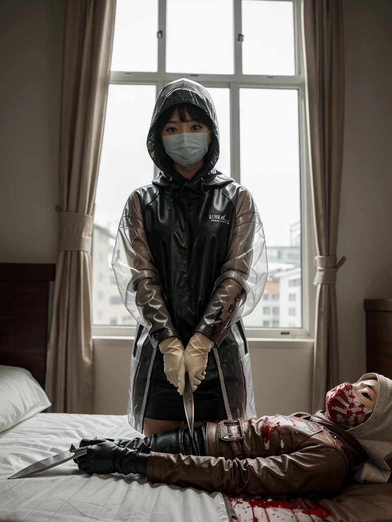 korean girl, (behind corpse, surgical mask), blood splatter, holding knife, stabbing, leather gloves, room full of blood, transparent raincoat, hood up, trucker hat, holding knife, leather gloves, behind corpse, short hair, night, mass murderer, robbery, in the hotel, light from the window