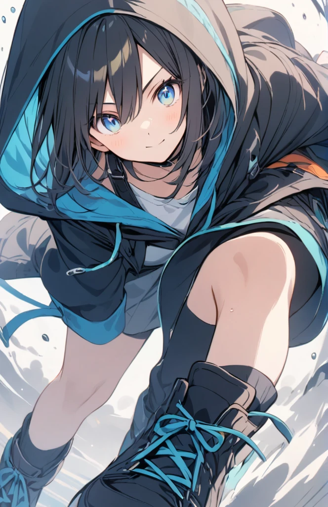 Black hair, blue eyes, long, hooded, cool