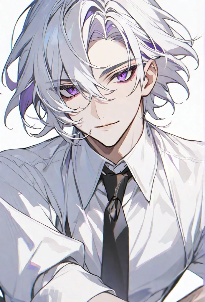 solo, handsome, 1 male, short hair, silver hair and white color hair, purple eyes, white shirt, black tie,