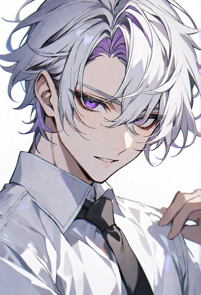 solo, handsome, 1 male, short hair, silver hair and white color hair, purple eyes, white shirt, black tie,