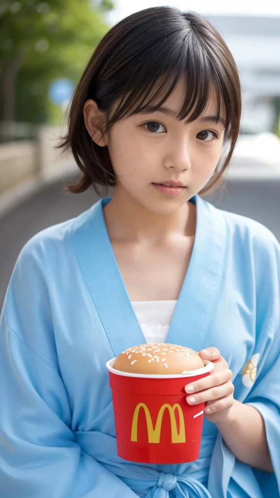 11 year old girl Japanese Light blue yukata Realistic Skin eating McDonald's Big Mac