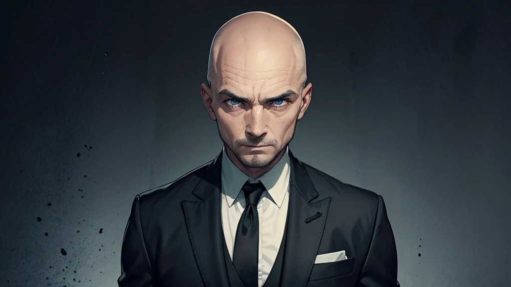 a man in a black suit,eyes browns, baldie,without hair and without beard or mustache looking like a bad psychopath