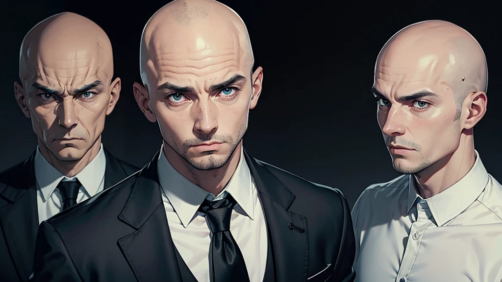 a man in a black suit,eyes browns, baldie,without hair and without beard or mustache looking like a bad psychopath