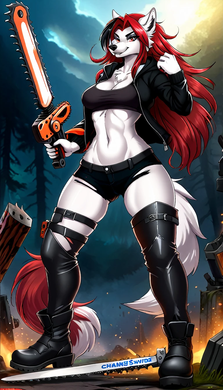 anime fantasy anthro style, a beautiful adventurer, (wolf with white fur), ((long red hair with black highlights)), open jacket over a loose t-shirt, short jeans shots, ripped tights, boots, hourglass body, mature beauty, (((posing with a big stylish chainsaw sword))), confident smile. Highly detailed, fantastic action scene