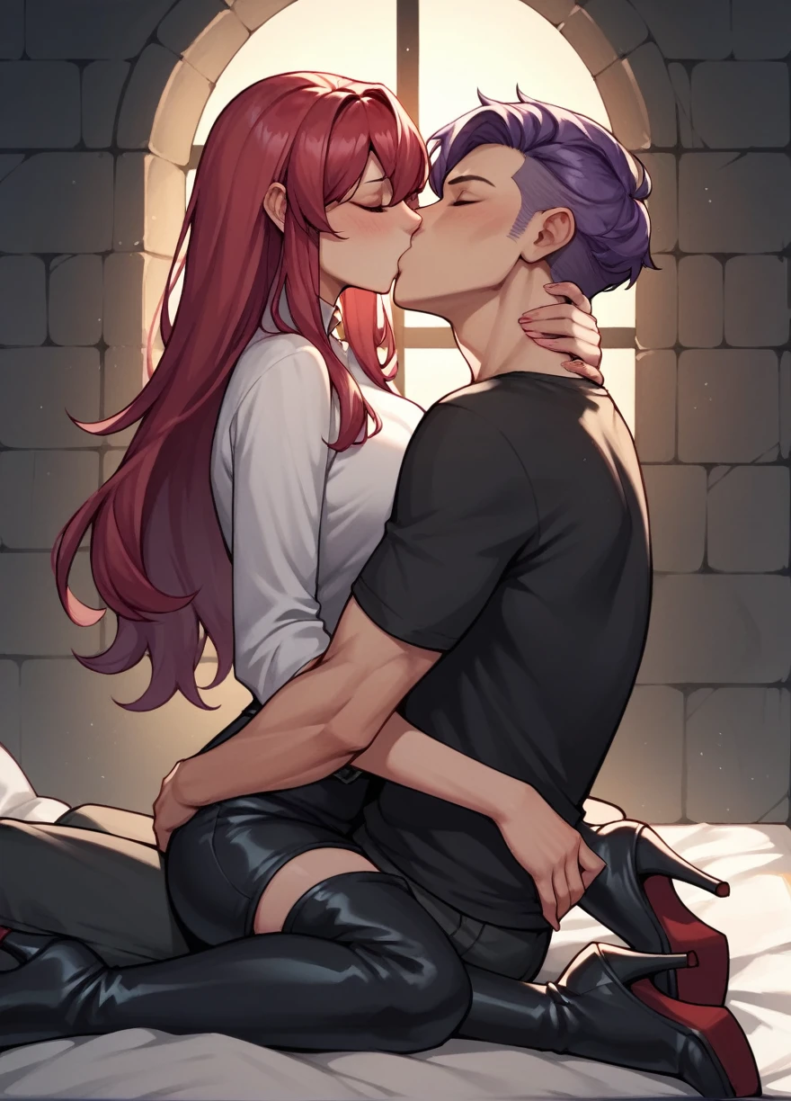 score_9, score_8_up, score_7_up, score_6_up, score_5_up, score_4_up, source_anime, 1 woman, long bed, red hair, kissing, long hair, close eyes, free arms, clean hair, black bikin, black boots, thigh high boots, heels, Release the knee, Show the heels, dungeon, night, best quality, best res, 4K UHD,
 1 man, purple hair, shirt, trousers, kissing woman, shoes