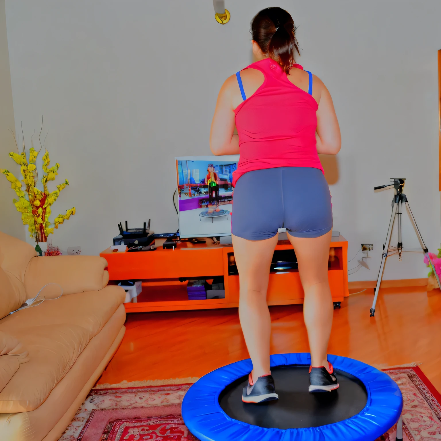 woman standing on a trampol in a living room with a television, bouncing, indoor shot, working out, cottagecore!! fitness body, jumping, workout, shot on nikon d 3 2 0 0, sport, jumping at the viewer, indoor picture, back - shot, lowres, in an action pose, origin jumpworks, bottom angle, indoor, fitness