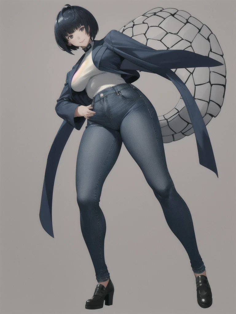 height 150cm, Bow legs, Beautiful face but chubby face, Chubby tae takemi, Hands on hips, Stand up straight, ((Full body)), (low head 1.5), A little chubby body type and small breasts, masterpiece, tight denim pants, ((small breasts)), thick legs++, Full body+, Solo, Swollen face, 1 woman, (white long sleeve tutleneck 1.5,) (tight turtle neck 1.5), white turtle neck, navy blue Denim pants, thick thighs, low rise navy blue denim pants, solo, simple background, masterpiece, best quality, black hair, short hair, A chubby figure that seems real, smile, High saturation