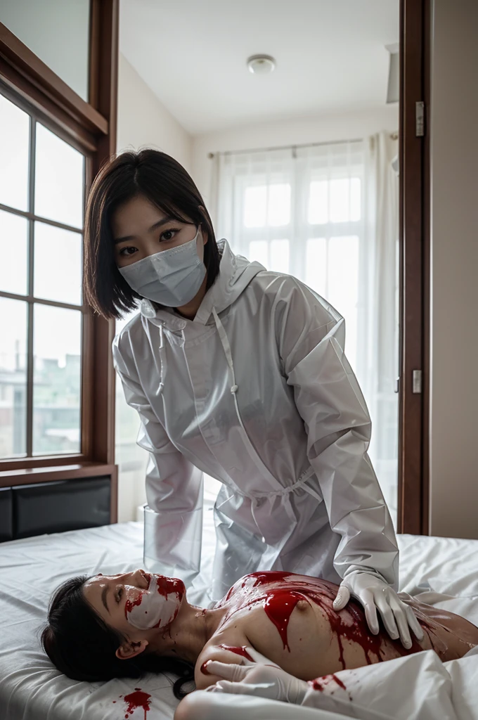 korean girl, (behind corpse, surgical mask), blood splatter, holding knife, stabbing, latex gloves, room full of blood, transparent raincoat, hood up, holding knife, latex gloves, behind corpse, short hair, night, mass murderer, robbery, in the hotel, light from the window