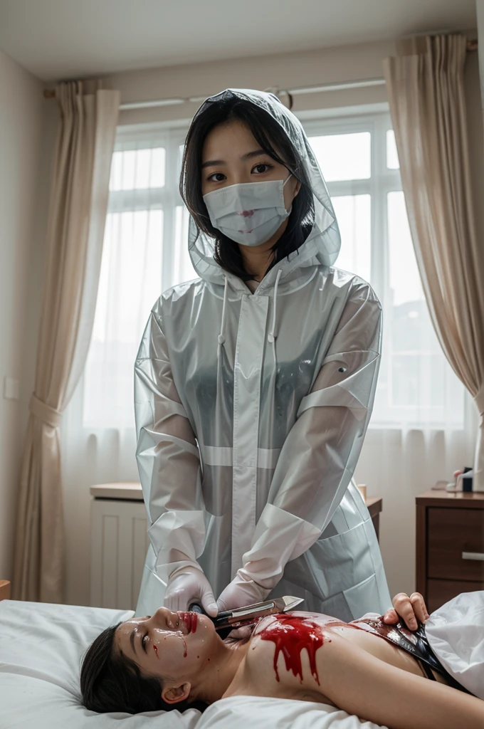 korean girl, (behind corpse, surgical mask), blood splatter, holding knife, stabbing, latex gloves, room full of blood, transparent raincoat, hood up, holding knife, latex gloves, behind corpse, short hair, night, mass murderer, robbery, in the hotel, light from the window
