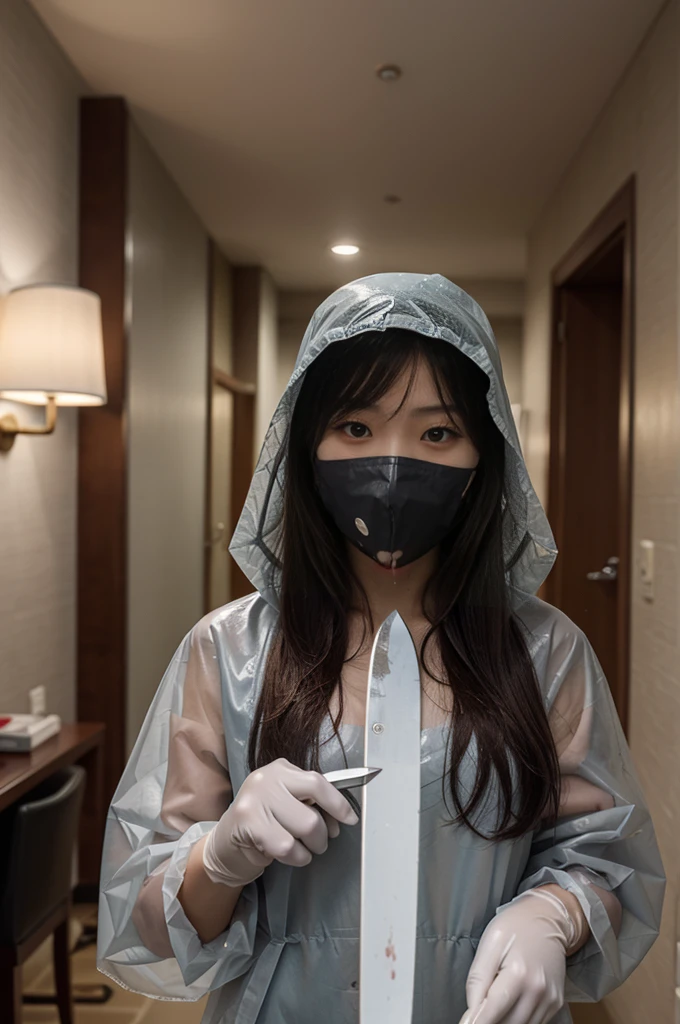 korean girl, (behind corpse, surgical mask), multiple girls, holding knife, stabbing, black raincoat, black gloves, hood up, room full of blood, black wet suit, holding knife, black gloves, behind corpse, blood splatter, short hair, night, mass murderer, robbery, in the house,