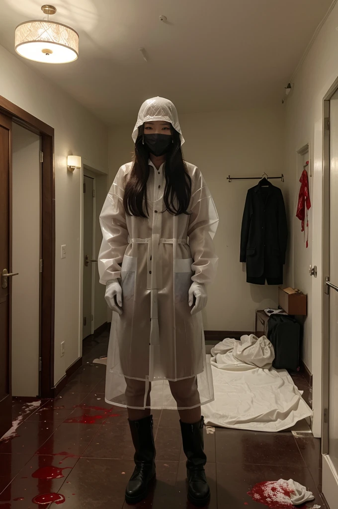 korean girl, (behind corpse, surgical mask), blood splatter, holding knife, stabbing, gloves, room full of blood, transparent raincoat, leather bucket hat, holding knife, gloves, behind corpse, very long hair, night, mass murderer, robbery, in the hotel,
