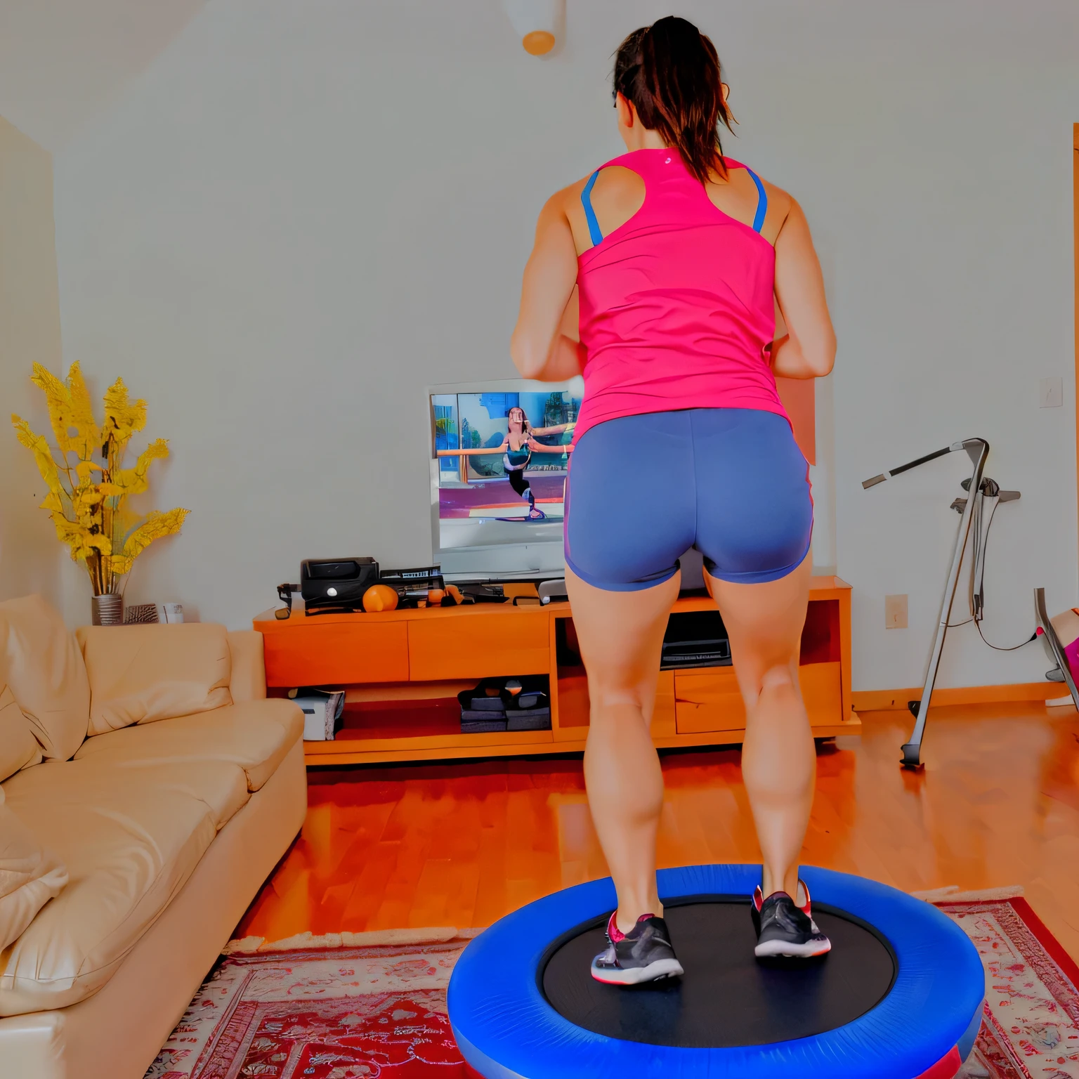 woman standing on a trampol in a living room with a television, bouncing, indoor shot, working out, cottagecore!! fitness body, jumping, workout, shot on nikon d 3 2 0 0, sport, jumping at the viewer, indoor picture, back - shot, lowres, in an action pose, origin jumpworks, bottom angle, indoor, fitness