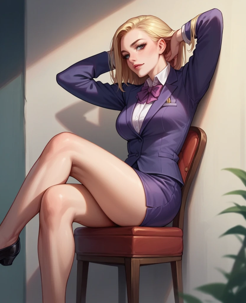 blonde girl, sitting on a chair , in a purple business suit , against the wall , Realism , high quality