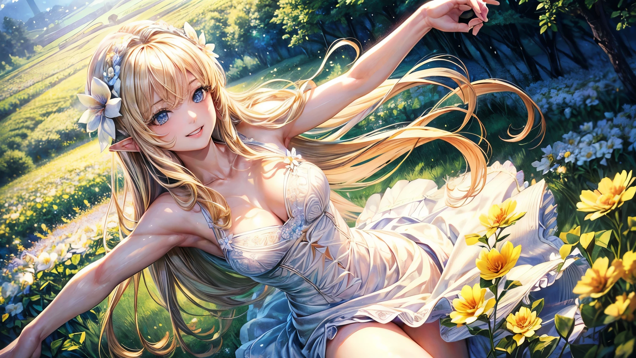 (masterpiece, Highest quality:1.3), (Super detailed:1.2),(Super detailedな顔:1.2),(Super detailedな目:1.2), (hyperRealistic:1.3), (RAW Photos:1.2), High-definition RAW color photos, Professional photos, (PhotoRealistic:1.4), (Realistic:1.4),8K,Professional Lighting, Perfect Anatomy,(Bright smile:1.2),High detail, Sharp focus,One Girl,(forest,river:1.2),Elf,Long blonde hair,blue eyes,White dress,(dancing:1.2),medium ,(Beautiful flower field:1.6)