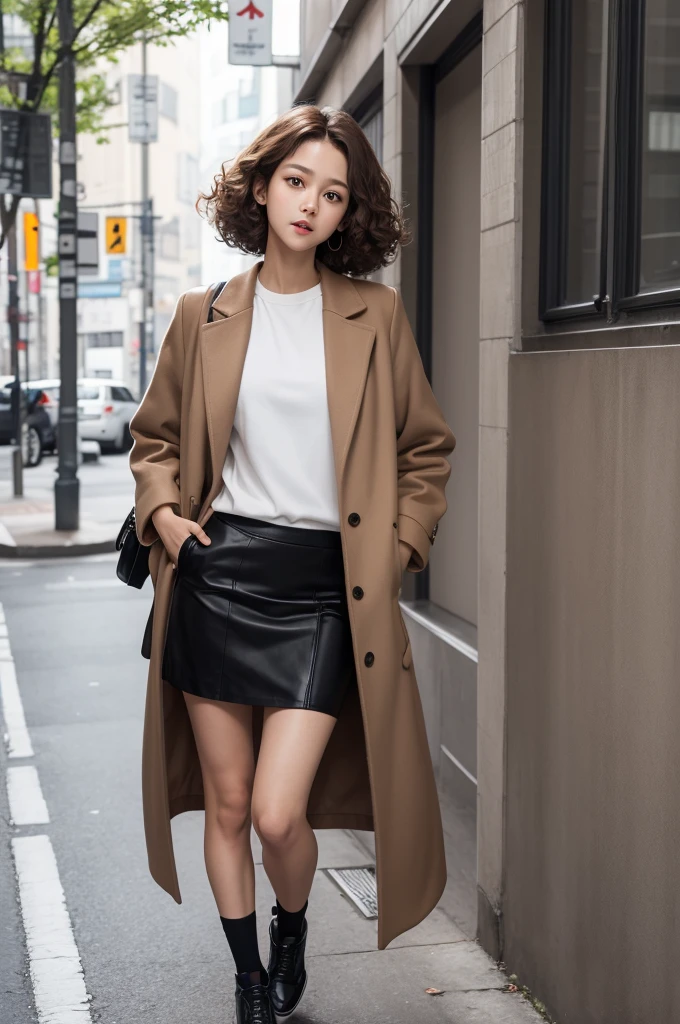  standing 11 years tall, slim,brown curly hair , light brown eyes, big mouth , white undershirt ,open black coat, black short skirt , White shoe , 