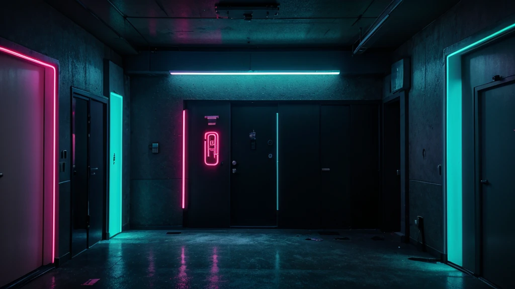 Large empty hall, cyberpunk style, neon lights, neon door in the center of the living room, Rich in details, cinematographic, large LED panel on the background wall